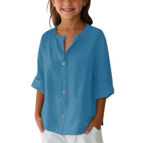 Girls Boys Cotton Linen Shirts Summer Beach Vacation Tops Button Down Blouses Teens Plain Casual Loose Fashion Trendy Clothes