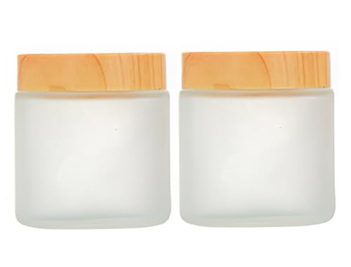 2 paquetes de tarros vacíos de vidrio esmerilado de 100 ml con tapas de grano de madera y forro interior, rellenable, máscara de maquillaje, crema facial, contenedor de loción