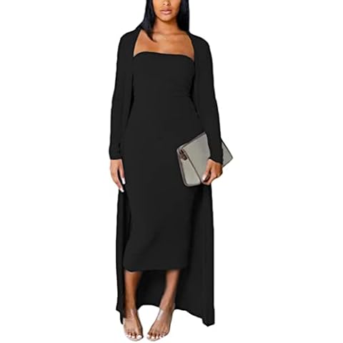 Onsoyours Partykleid Damen Freizeitkleid Langarm Bodycon Midikleider und Strickjacke 2 Stücke Herbst Winter Jacke Elegant Sexy Cocktail Business Abendkleid A Schwarz S Cover
