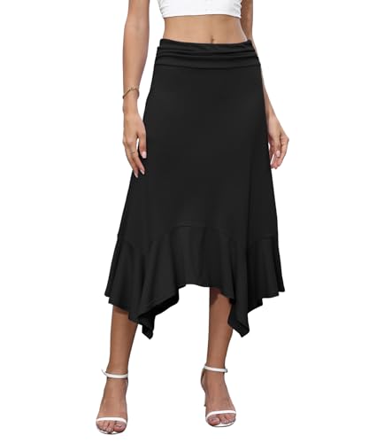 NILOUFO Women's Handkerchief Hemline Midi Skirt Summer Casual Flowy High Waisted Stretchy Skirts