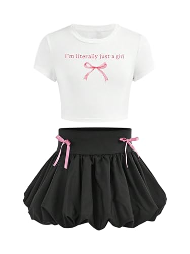 Image of Verdusa Girl's 2 Piece Bow Outfits Short Sleeve Fitted Crop Tops with Mini Bubble Skirt Set