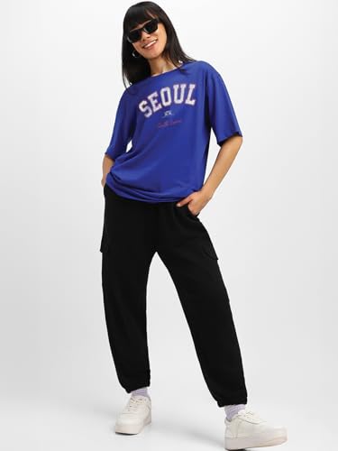 Image of JUNEBERRY Round Neck Drop Shoulder Round Neck Black & White Graphic Printed Pure Cotton Oversized Baggy Fit Half Sleeve T-Shirt for Women & Girls (Sizes: S to 2XL)