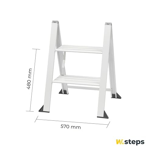 Weisse Alu Trittleiter Vikingstep Midi von W.Steps I 480mm hoch I Belastbar bis 150kg I Kompakte Aluminium Klapptrittleiter mit 2 Stufen I Nur 35mm breit I 3169011