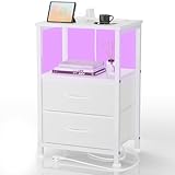 Yornoli Nachttisch mit LED & Ladefunktion, Beistelltisch mit Schublade, Nachttische mit 3 AC-Anschlüsse & 2 USB-Anschlüssen, Beistelltische fürs Wohnzimmer, Schlafzimmer, Weiß