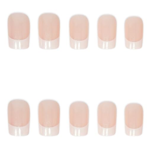 Image of French Tip Press on Nails Short Square Nail Press ons Chrome Fake Nails with Design Glossy Glue on Nails Artificial Acrylic Full Cover Stick on Nails Glossy False Nails for Women Girls Manicure 24Pcs