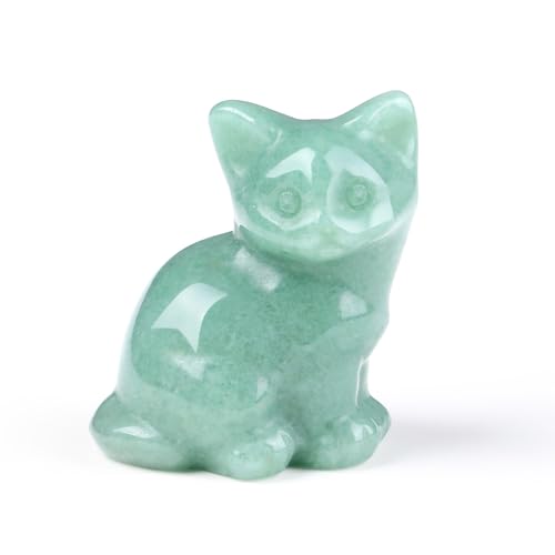 Chat en aventurine verte sculpté à la main, objet d'art en cristal