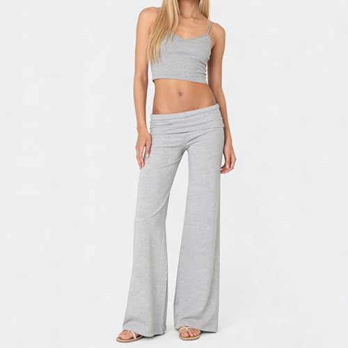Image of Lounge Yoga Pants for Women Fold Over Low Waist Wide Leg Bell Bottoms | Y2K Foldover Pants, Flare Leggings, Low Rise Yoga Sweatpants