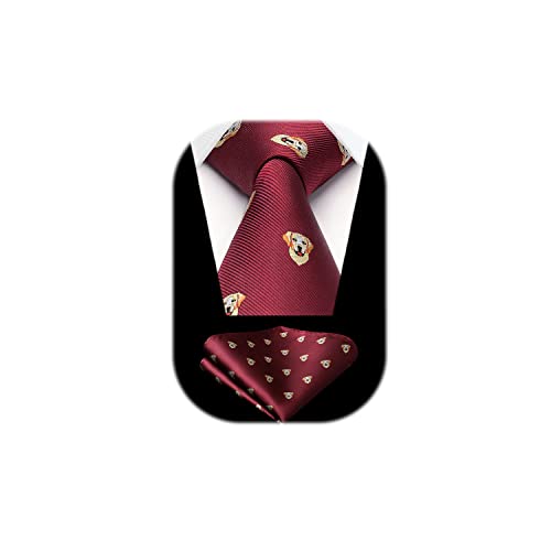 HISDERN Corbatas Vino Rojo Hombre y Pañuelo Corbata con Motivo Perro Modernas Conjunto Corbatas Elegante Boda
