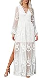 MERMAID'S CLOSET Women Fall V Neck Embroidered Lace White Maxi Wedding Dress Long Sleeve Brides Bridesmaid Wedding Guest Party Dresses