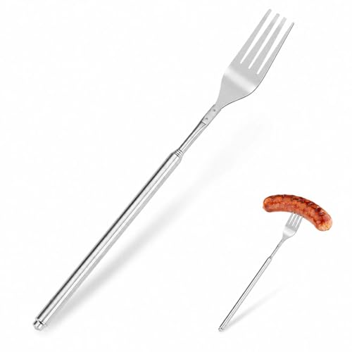FYHJNC Stainless Steel Telescopic Fork, Retractable Extending Fork from 23cm to 64.5cm, Polished Metal Dinner Fork for Barbecue, Toasting, Desserts, Camping, Outdoor Cooking, Silver