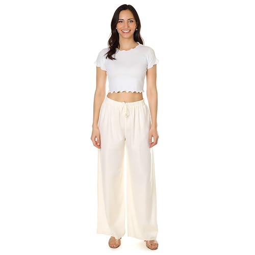 Image of Women's Rayon Palazzo Pants | Solid Color Wide Leg Trousers in 18 Shades | Elastic Waist Casual Bottoms XS-7XL | Comfortable