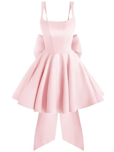Spaghetti Strap Satin Homecoming Dresses 2026 with Bow Square Neck Short Prom Dresses for Teens A-line Cocktail HOCO Party Dress Size 6 Pink