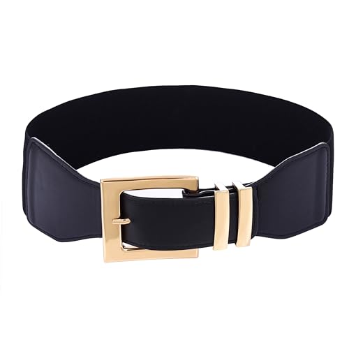 Black Belt with Gold Buckle Wide Black Belt for Dress Wide Elastic Belts Wide Stretchy Belts for Women3