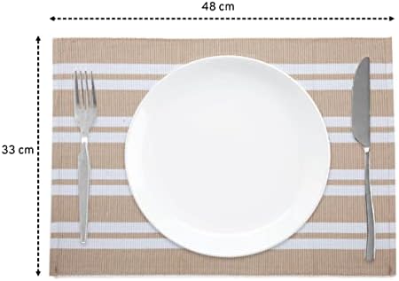 Encasa Homes Dining Placemats (Set of 6 pcs) made from Fine Ribbed Cotton - Perfect Size 48x33 cm, Smart Modern Colours & Designs, Use at Home, Cafes, Restaurants & Hotels - Franca Beige Stripes