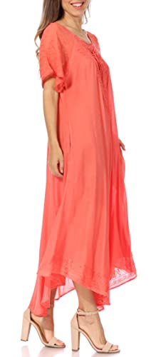 Image of Sakkas Egan Long Embroidered Caftan Dress /Cover Up with Embroidered Cap Sleeves