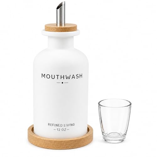 Image of Mouthwash Dispenser for Bathroom, 12 OZ Refillable Glass Mouthwash Bottle with Cup and Bamboo Tray, Decorative Mouth Wash Dispenser Set for Bathroom (White)