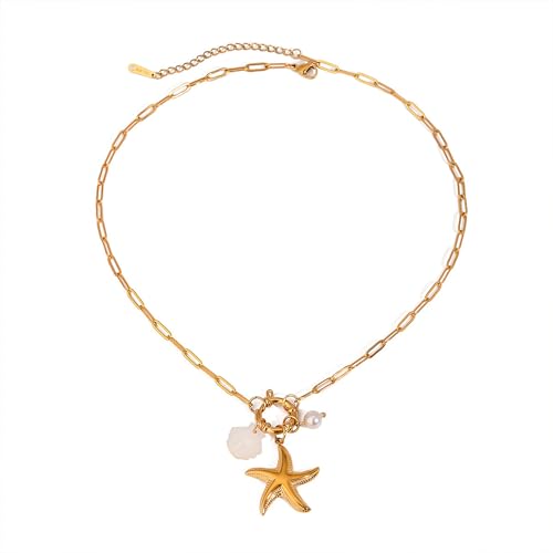 Gold Plated Summer Beach Necklace for Women Metal Starfish Seashell Necklace Vacation Jewelry