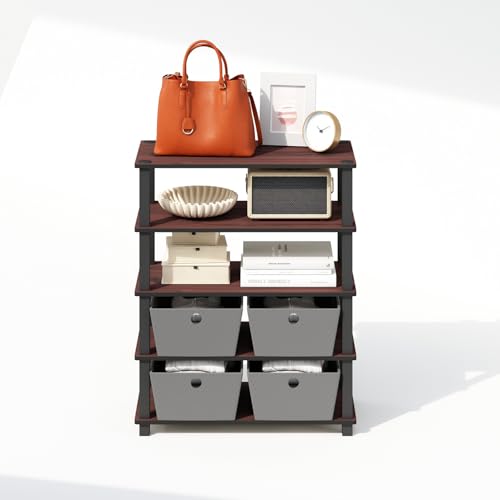 Image of Furinno Turn-S-Tube Storage Shelves Set of 2, 3-Tier Stackable Standing Shelf, Open Corner Shelf, for Organization and Storage, Living Room, Garage, Home Office, Dark Cherry