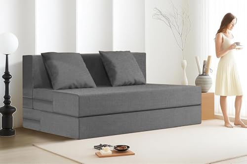 Image of Rosebell Lightweight Easy 2-Person Foldable Sofa Cum Bed Jute Fabric- Washable Cover- Including Cushion - Size 4' X 6' Ft (Grey) Perfect for Home & Office
