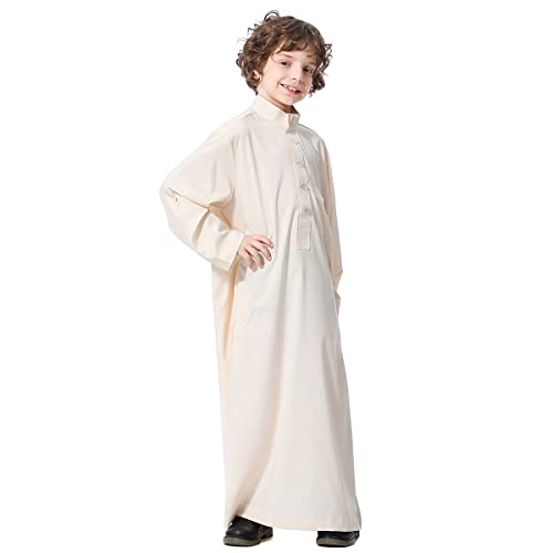 Image of OBEEII Boy's Muslim Arab Solid Color Thobe Long Sleeve Kaftan Embroidered Robe Islamic Arabic Abaya Thobe
