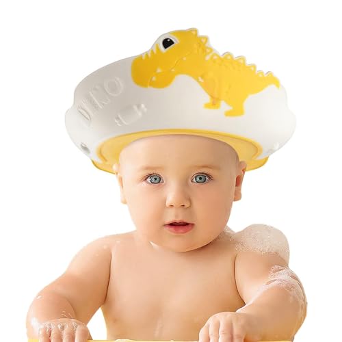 Image of FUNUPUP Baby Shower Cap for Kids, Baby Bath Shampoo Visor Cap Hair Washing Shield Adjustable, Yellow Dinosaur