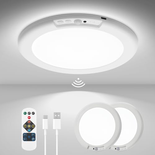 wowatt 2Pcs Battery Operated Ceiling Lights Rechargeable Motion Sensor Light Indoor Wireless Shower Light with Remote 3000K 4500K 6500K 7.48in Dimmable Timing Motion Activated Lamp for Closet Shower