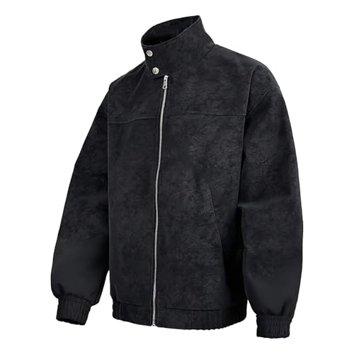 Generisch Chaqueta de cuero para hombre retro: chaqueta de piel sintética chaqueta de moto de gran tamaño con cremallera chaqueta bomber de color liso chaqueta motera ligera chaqueta al aire libre