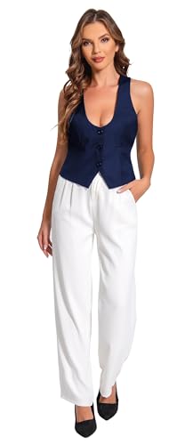 Gowjog Damen Weste Anzugweste V-Ausschnitt Westen Vintage Einreihig Westen mit Taschen Ärmellos Blazer Jacken (Marineblau,M)