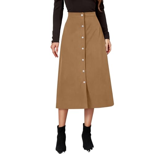 Women Corduroy Skirt Button Front Midi Skirt A-line Skater Skirts High Waist Elastic Flared Swing Skirt with Pockets