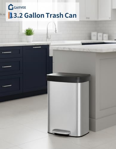 Garvee 16 gal / 60 L Stainless Steel Trash Can with Lid, Large Garbage Can for Kitchen, Rustproof Step-on Kitchen Metal Trash Bin with Liner Rim, Rear Handle, Soft Close Plastic Lid, Silver - image 2