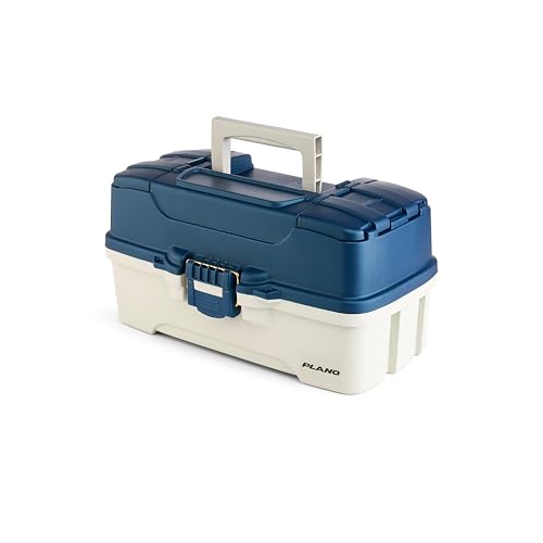 Image of Plano Three-Tray Tackle Box, Blue /White, Rust-Proof Brass Latch, Top-Access Tray with Deep Storage, Made in the USA, Portable Fishing Gear Storage Organizer