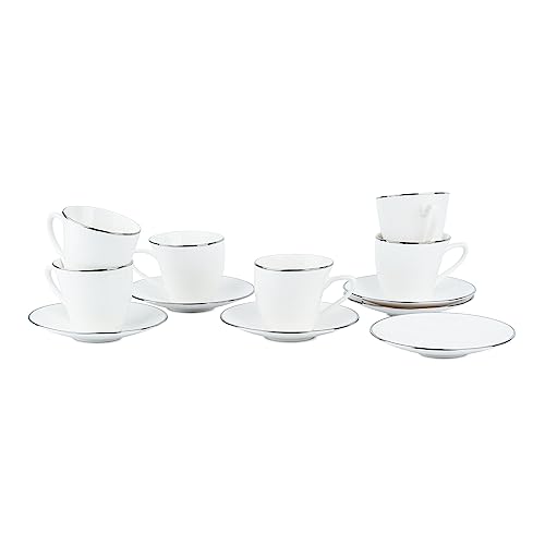 Image of Dandy Lines Alpine Platinum Band Cup and Saucer Set, Luxury Tea Cups with Saucer, Bone China, Pack of 12, Microwave & Dishwasher Safe, Great for Hosting & Gifting