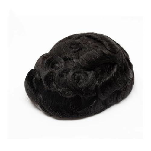 Peluquín para hombres, Frente de encaje con Pu prótesis de cabello masculino tupé hombres nudo blanqueado frente de encaje Unidad de sistema de reemplazo de cabello humano(Off Black,6x8)