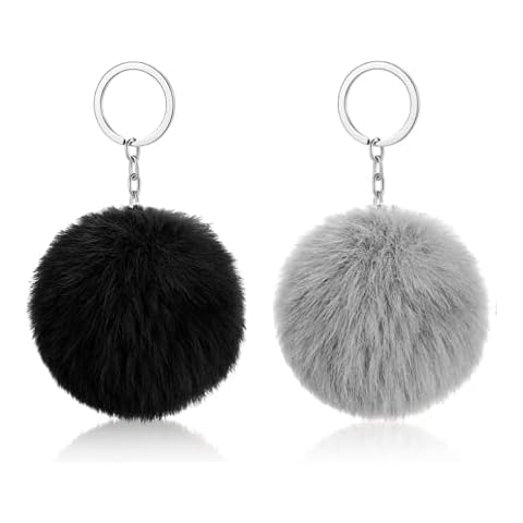 2 Pieces Faux Fur Balls Keyfob Fluffy Pompoms Keyring Plush Charm Pendant Keychain Car Key Backpack Hanging Ornament For Girls Women Grey & Black Cover