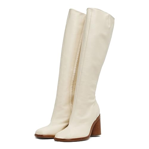 miss left Women's Knee High Tall Boots Closed Square Toe Side Zipper Cork Block High Heels Fall Winter Dress Outdoor Riding Booties Shoes Size 4-16 US4