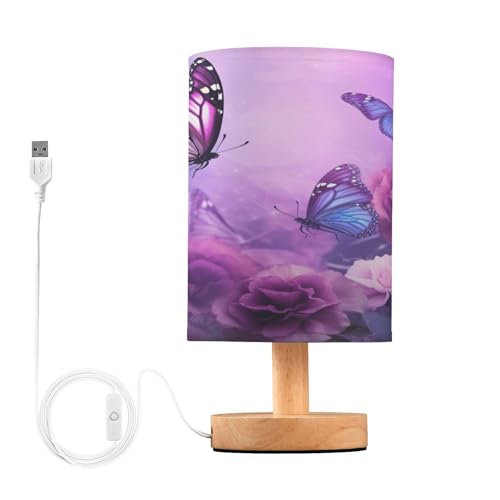 Cgiub Lampe de chevet LED à fleurs violettes et papillons avec abat-jour en tissu, base en bois et port USB pour chambre à coucher, chambre d'enfant, salon,...