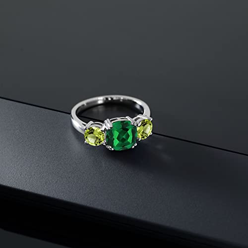 Gem Stone King 925 Sterling Silver Green Nano Emerald and Green Peridot 3 Stone Engagement Ring For Women (3.60 Cttw, Gemstone May Birthstone, Cushion 8MM, Available in Size 5,6,7,8,9)3
