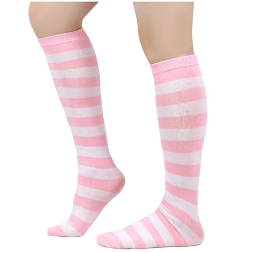 Eiyaclvo Unisex Knee High Striped Socks Fashion Cotton Athletic Long Tube Stockings Striped for Boot Casual Outdoor Sport C-Pink