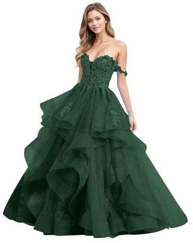 HAIBFJIN Robe de soirée en tulle à volants - Épaules dénudées - Robe de bal - Applications en dentelle - Robe de mariée, vert émeraude, 48