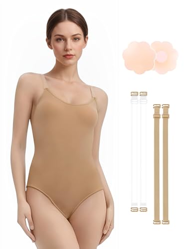 DANSHOW Nackte Leotard für Frauen und Mädchen mit Pasties Tanzunterwäsche mit klaren verstellbaren Trägern(8A14X)