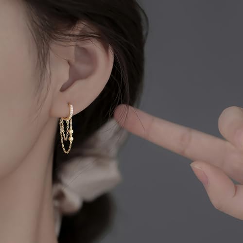 Reffeer 925 Sterling Silver Chain Drop Earrings Hoop for Women Teens CZ Hoop Chain Earrings Dangle2