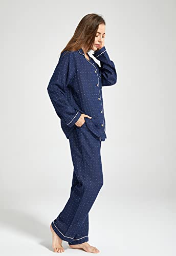 Image of Womens Muslin Pajama Set 100% Cotton Double Gauze Linen Like | Breathable Soft Comfort Button Up Loungewear Sleepwear PJ Set