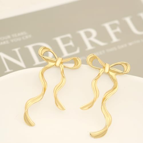 Cute Gold Bow Drop Elegant Statement Earrings - Bow Tassel, Minimalist Ribbon Design For Women's Prom, Birthday Party Jewelry2
