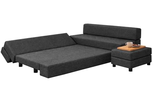 Image of Rosebell 3+2 Convertible Leg Sofa Cum Bed Set with Ottoman Jute Fabric Foldable Modular Seating & Sleeper, Space Saving Living Room Furniture Black Color