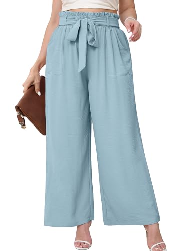 AusLook Women's Plus Size Wide Leg Pants with Pockets Blue Gray 1X