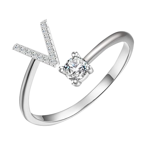 Anillos de animales para mujer, anillos de letra inicial para mujer, ajustables, delicados, anillos de plata con inicial, joyería para mujeres y niñas, V, 字母0.9x0.5cm