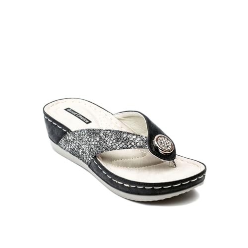 G.C. Shoes Dafni Wedge Sandals - Cushioned Footbed Rhinestone Detailing in Faux Leather with Rubber...