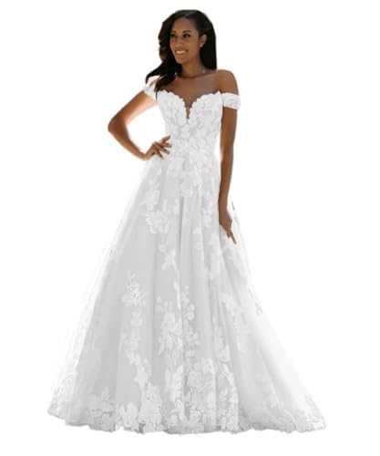 TRHTX Puffy Lace Off Shoulder Wedding Dresses for Bride 2024 V Neck Bridal Gowns A-line Appliques Wedding Gowns with Train