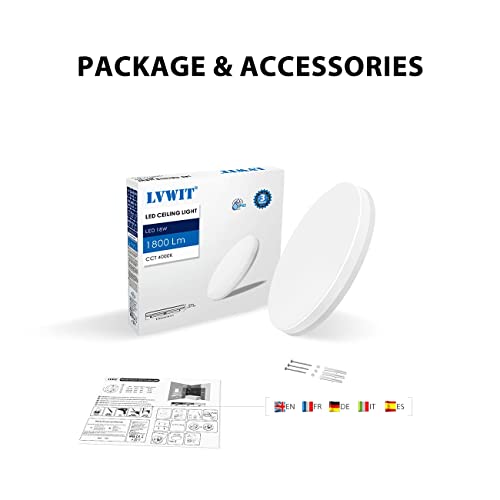LVWIT 18W Bathroom Round LED Ceiling Light, IP65 Waterproof Flush Mount Ceiling Lamp,1800LM 4000K Natural White Ceiling Lights for Kitchen Living Room Bedroom and Hallway（220 * 50MM）