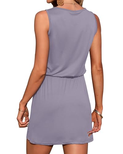Image of AUSELILY Womens Summer Sleeveless V-Neck Drawstring Waist Beach Cover up Mini Short Swing Dresses with Pockets